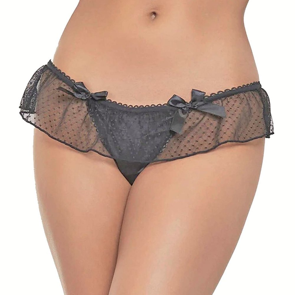 Plus Skirted Black Thong Womens Size 1x2x Satin and Dot Mesh Panty